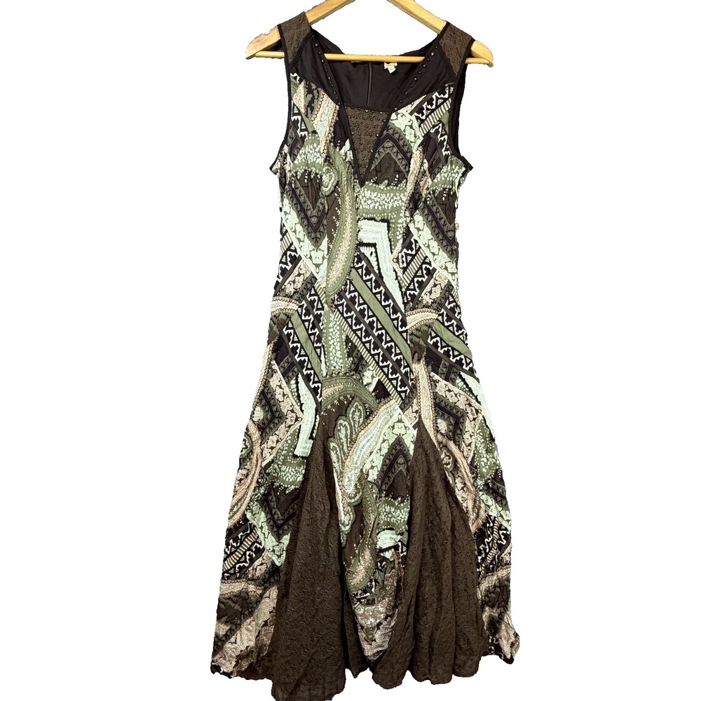 Vintage Reba Midi Dress Womens 12 Brown Tribal Lace Beaded Country Cowgirl Boho